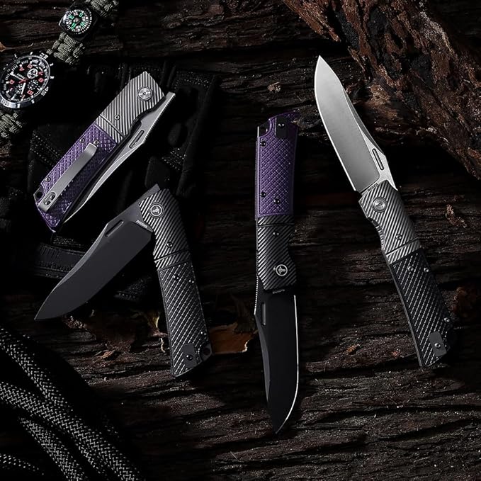 EDC Folding Knife - 3.46 14C28N Pocket Knife with G10 Handle with Pocket Clip &amp Steel Bolster for Man Outdoor Camping Knife for Hiking Fishing Survival- XUN123-BGB(PVD Blade)
