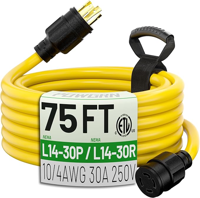 POWGRN 30 Amp Generator Extension Cord (75 Feet) 4-Prong 125/250V NEMA L14-30P/L14-30R10 Gauge STW Locking Power Cord for Transfer Switch Portable GeneratorsYellow 75ft Generator Cable