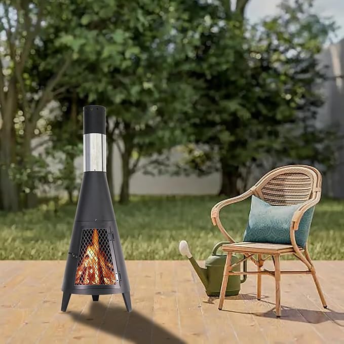 BDL Chiminea Outdoor Fireplace Outdoor Wood Burning Fire Pit Free Standing Fireplace with Log Grate Mesh Screen for Patio Backyard Garden-Black