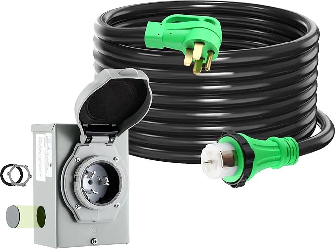 Gisafai 50 Amp 20FT Generator Cord and Pre Drilled Power Inlet Box Compatible with NEMA 14-50P to SS2-50R 125/250V Locking Connector with SS2-50P Generator Inlet Box to House ETL Listed