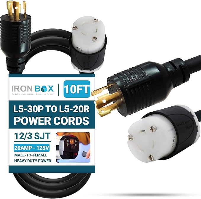 IronBox Electric NEMA L5-30P to L5-20R Plug Adapter Power Cord - 20A125V 12/3 SJT - UL Listed Power Cable - Heavy Duty Extension Cord for Generator Data Centers Outdoors &amp More(10ft Custom Bu