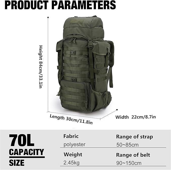Mardingtop 70L Internal Frame Backpack for HuntingCampingHiking Backpacking Backpack with Rain Cover
