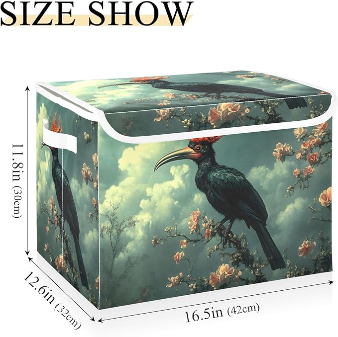 AIXIWAWA Lidded Storage Cube (Surreal Bird) Fabric Foldable Closet Bins with Flip Lid and Handles Organizer Basket Container 16.5 x 12.6 x 11.8 IN