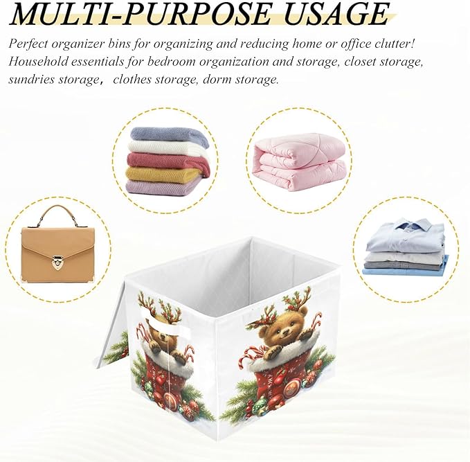 Christmas Baskets Collapsible Storage Bins with Lids Christmas Bear Storage Boxes Clothes Baskets for Organizing