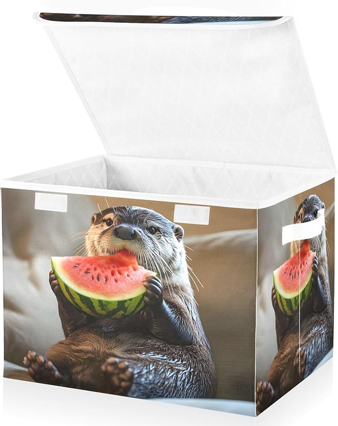 AIXIWAWA Lidded Storage Cube (Otter Watermelon) Fabric Foldable Closet Bins with Flip Lid and Handles Organizer Basket Container 16.5 x 12.6 x 11.8 IN