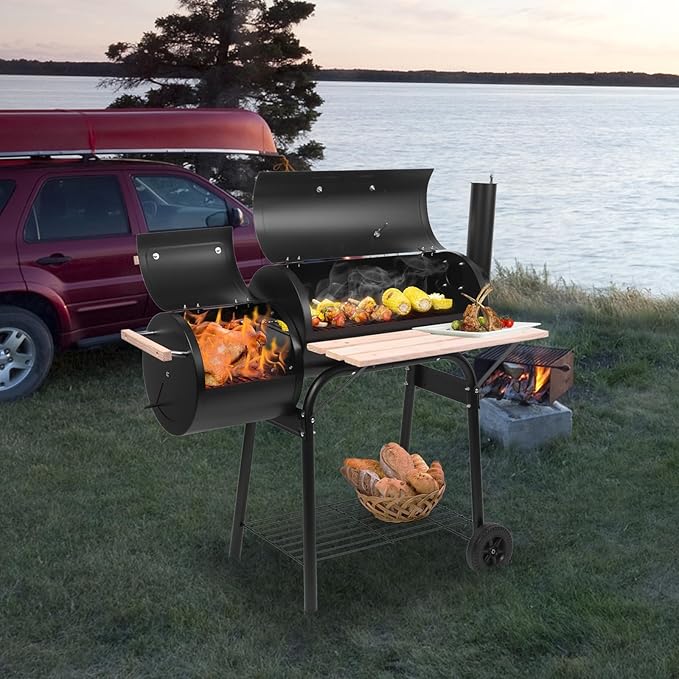 BBQ Charcoal GrillOutdoor Patio Barbecue Cooker with Offset SmokerTray &amp WheelsBarrel BBQ Grill for Outdoor Balcony PicnicsParty and Camping