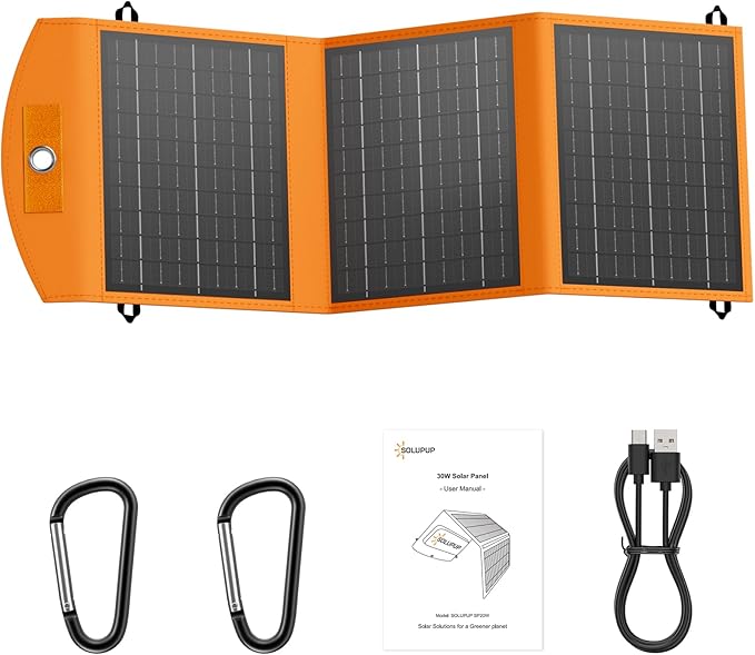 SOLUPUP Solar Panels 30W Portable Foldable Solar Charger with 5V USB-A and USB-C Fast Charging Compatible with iPhone iPad Samsung Power Banks IPX5 Waterproof Perfect for Camping Hiking Outdoor