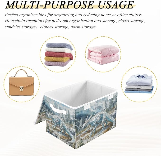 ALAZA Storage Bins Organizer Box Baskets Lidded Clothes for Shelves Closet Snowy Dragon Collapsible Stackable Storage Cubes Handles