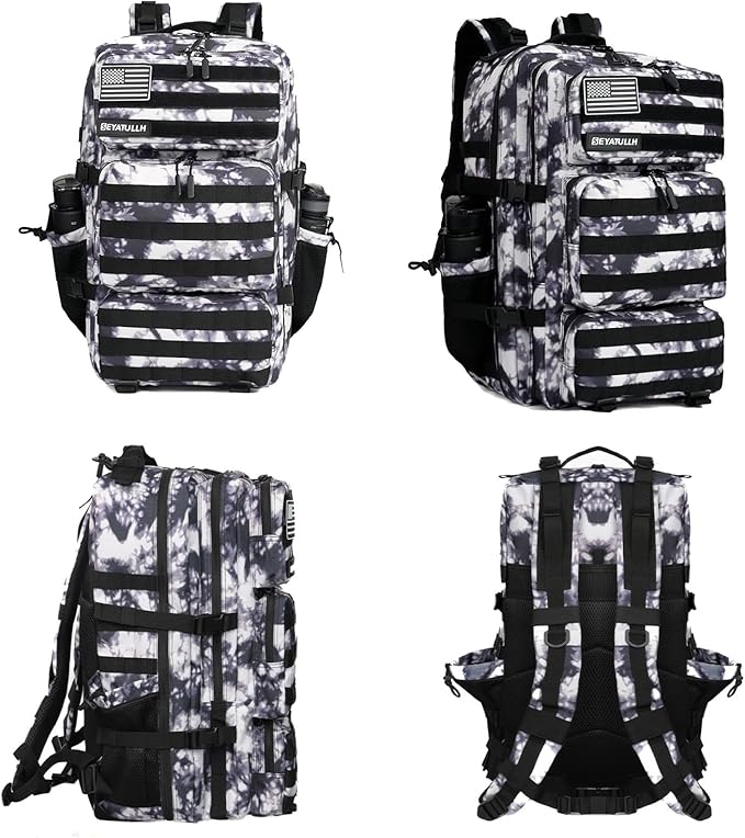 Military Tactical Backpack 55L for Men &amp Women Bug Out Bag Assault pack Molle Daypack Hiking Trekking Rucksack (Black and white tie dye)