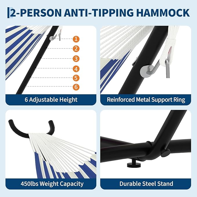 TrailBlaze Double Hammock with Stand Heavy Duty Portable Steel Hammock Set for Outdoor and Indoor Use 500lb Capacity Includes Carrying Bag Space Saving DesignQuick Assembly