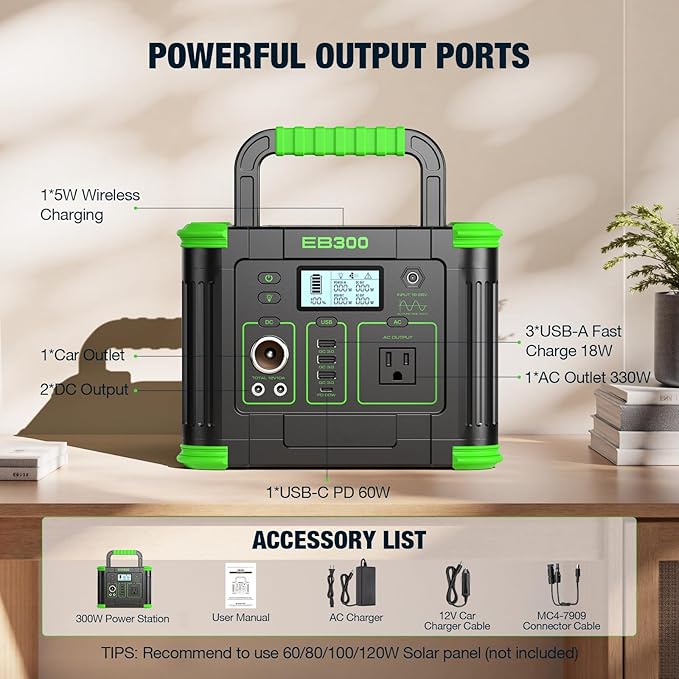 GRECELL Portable Power Station 300W 288Wh Lithium Battery 60W Fast Charging Up to 300W(Peak 600W) AC Outlets Solar Generator for Outdoor Camping RVs Home Use