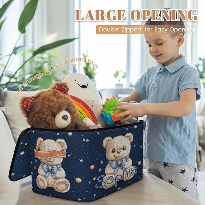 Custom Storage Basket with Name Personalized Storage Bins with Zipper Lid Foldable Fabric Storage Box Large capacity with Handle Starry Sky Bear