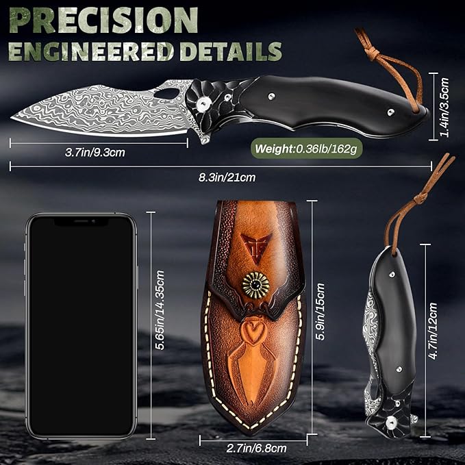 Pocket Knife for Men Hunting knife with sheath Damascus Steel Folding knife with Ebony Wood Handle Survival EDC Knife for Fishing Meat Cutting Tactical Knife for Outdoor Camping Hiking
