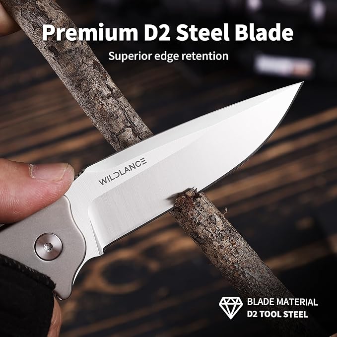 3.34 D2 Steel Folding Knife with Titanium Handle - EDC Pocket Knife with Clip for Men &amp Women Compact Daily Carry Utility Tool PK-T001