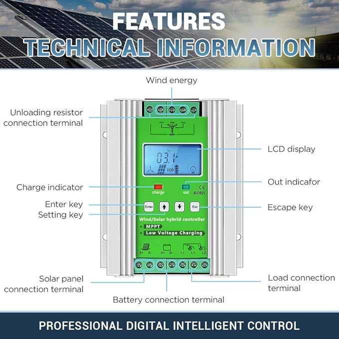 1000W Wind Solar Hybrid Charge Controller 12V/24V MPPT Boost Charge Regulator with LCD Display and Free Dump Load Accurate (600W Wind + 400W Solar)
