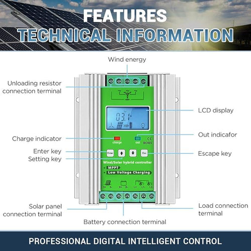 1000W Wind Solar Hybrid Charge Controller 12V/24V MPPT Boost Charge Regulator with LCD Display and Free Dump Load Accurate (600W Wind + 400W Solar)