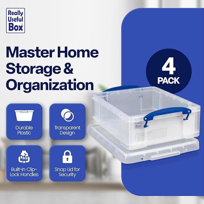 Really Useful Box 4 Pack Storage Bins Clear Plastic Stackable Organizing Totes 8.1 Liter