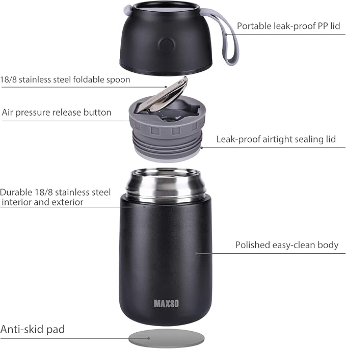MAXSO 2 Pack Soup Thermo for Hot &amp Cold Food for Kids Adults Vacuum Insulated Food Jar Thermal Lunch Containers Travel Food Flask with Spoon (24 oz17 oz) (Black)