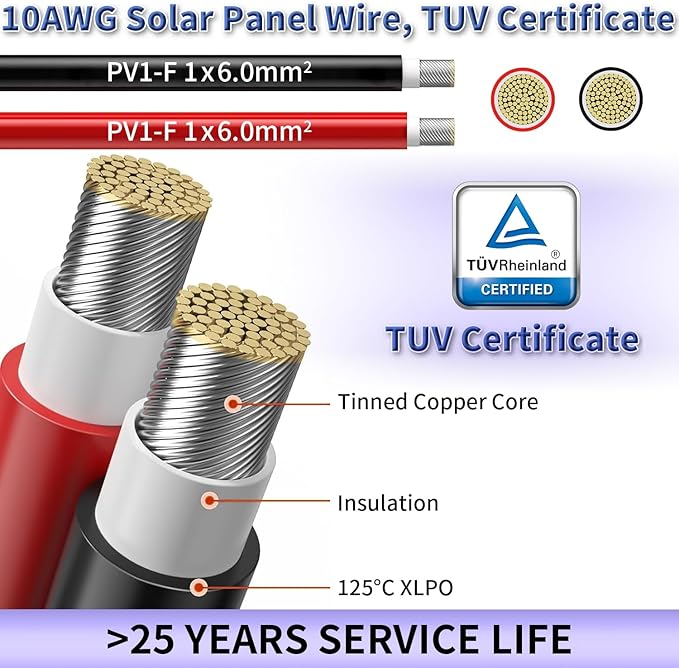Solar Panel Wire 2X 50ft (Black+Red) 10AWG Tinned Copper Extension Cable for Solar Panel Off Grid Solar System Outdoor Automotive RV Boat