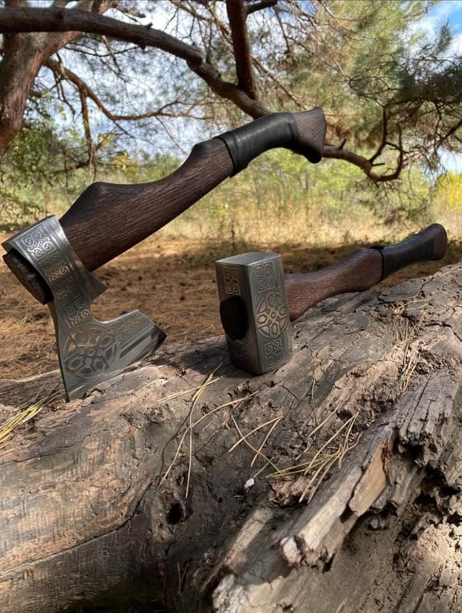 2pcs Viking Hammer &amp Viking Axe Set Crafted from Hand Forged Corban Steel Viking Axe with Sheath Hand Forged Hammer and Viking Bearded Axe with Rosewood Handle Camping Set