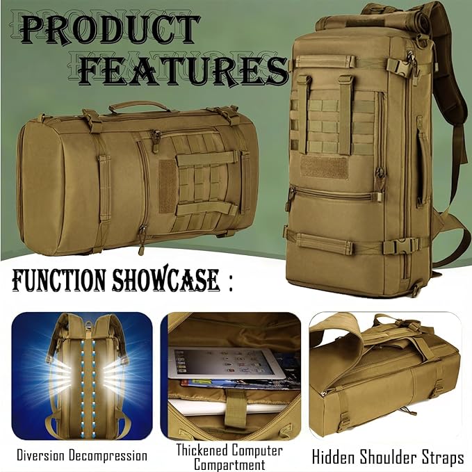 50L Multi-Function Tactical Handbag Outdoor Camping Large Messenger Bag Hiking Portable Storage Backpack(Brown)