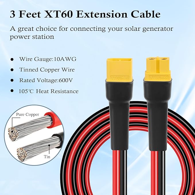 MOOKEERF 2PCS XT60 Extension Cable 10AWG 3FT XT60 to XT60 Cable with Male to Female Connector for Portable Power Station Solar Panel RC Battery