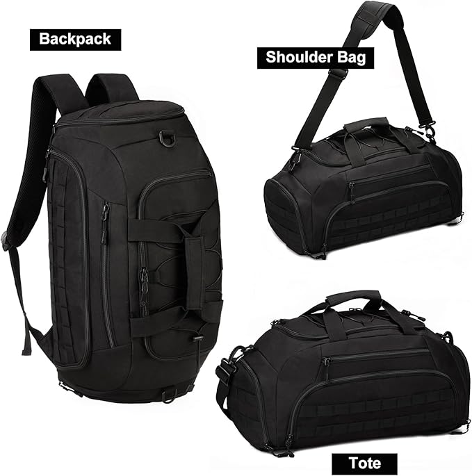 UNISTRENGH 3-Ways Tactical Military Nylon Men Holdall Weekend Travel Duffel Bag Backpack Messenger Shoulder Bags Rucksack Handbag (Black)
