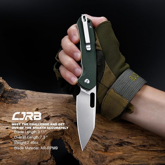 CJRB Pyrite-Alt (J1925A) Folding Pocket Knife with 3.11'' Stone Wash AR-RPM9 Wharncliffe Blade Dark Green Micarta HandleButton Lock EDC Knife with Thumb Hole for TacticalOutdoorHiking and Gift