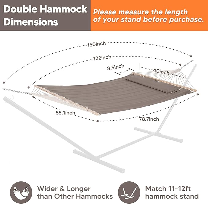 SUNCREAT Double Quilted Hammock with Hardwood Spreader Bar Extra Large Soft Pillow Heavy Duty 2 Person Hammock for Indoor Outdoor Brown