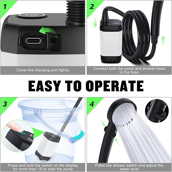 Portable Shower for Camping [Long-Lasting] Spopal 6000mAh Rechargeable Camping Shower with Intelligent LED Display 4 Spray Modes IPX7 Waterproof Outdoor Camp Pump for Hiking Travel Car Pet