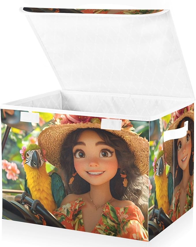 AIXIWAWA Lidded Storage Cube (Tropical Lady Parrot) Fabric Foldable Closet Bins with Flip Lid and Handles Organizer Basket Container 16.5 x 12.6 x 11.8 IN