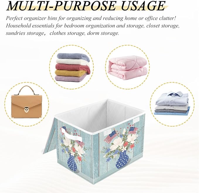 Wood Grain Flowers 4th July Storage Box with Lid 1 PC Foldable Storage Bin with Lids Stackable Storage Bins Cube Closet Organizer Basket with Flip-Top Lid &amp Handles for Shoes Books Towels