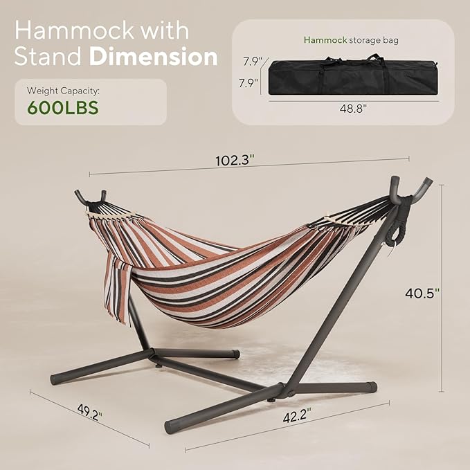 600lbs Hammock with Stand for Outside 2 Person Portable Hammock with Side Storage Carrying Bag Expend Wooden Bar for Outdoor or Indoor (Brown Black)