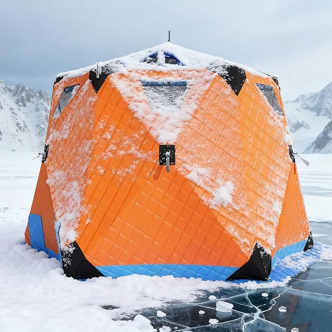 Winter Fishing Tent Fishing Tent pop up ice Fishing shelter with Stove Jack and Floor Portable ice Fishing Tent 420d Insulated Layer ice shanty Hexagon ice Huts Brown