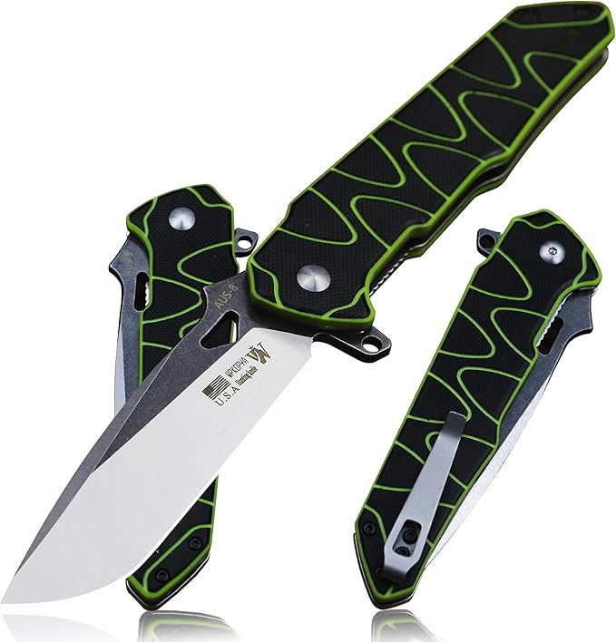 WPKOPYA 8.4in Folding Knife AUS-8 Steel Blade G10 Handle with Anti-Slip Texture Ball Bearing Pivot Stonewashed Finish EDC Pocket Knife for Camping Hiking Survival (AUS-8 (G10 black/green))