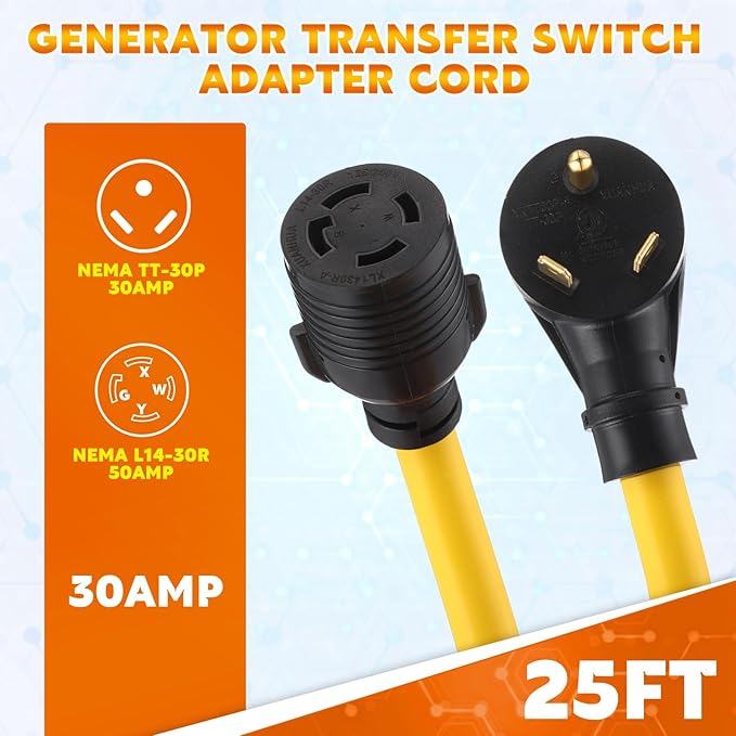 Kanayu 25 ft NEMA TT-30P to L14-30R Generator Transfer Switch Adapter Cord 30 Amp 3 Prong to 4 Prong Generator to House Inlet Box Adapter STW 10 AWG ETL Listed