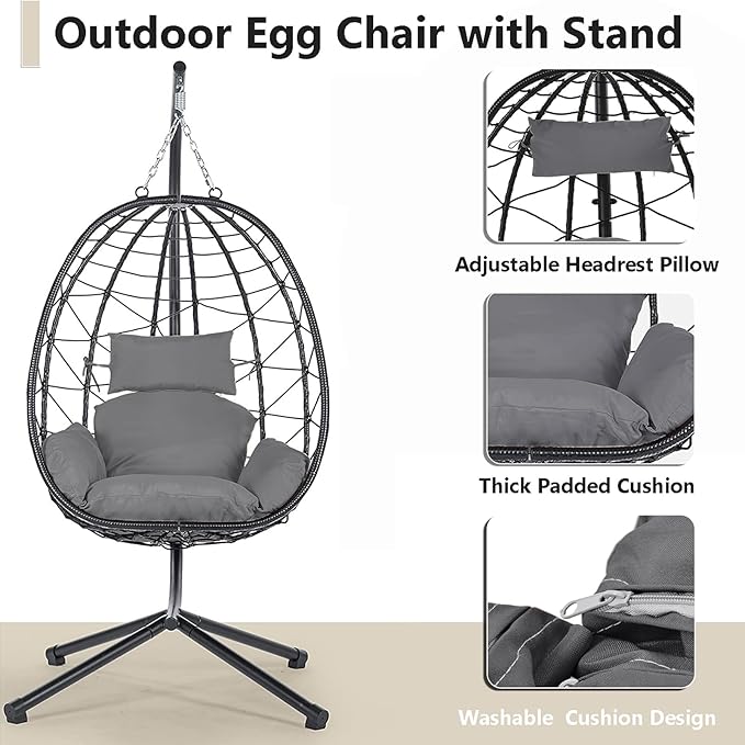 Hanging Egg Chair with Stand Black Wicker Rattan Swing Egg Chair Indoor Outdoor Swing Chair for Patio Balcony Porch Bedroom 350 LBS Capacity (Dark Gray)