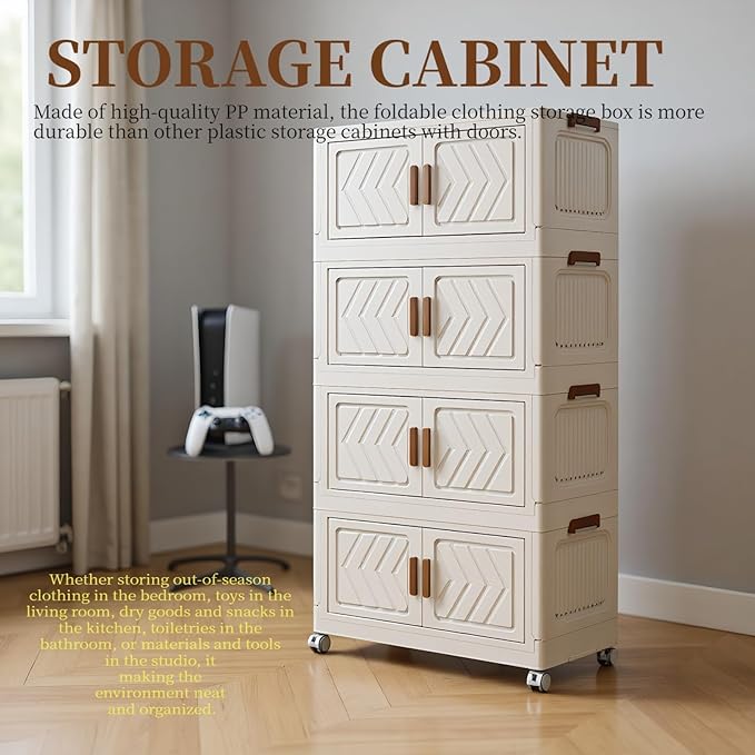 4-Tier Stackable Storage Bins with Lids 94QT Plastic Large Collapsible Storage Containers with Wheels and Magnetic Doors Foldable Closet Organizers for Bedroom Dorm Garage Home Office White
