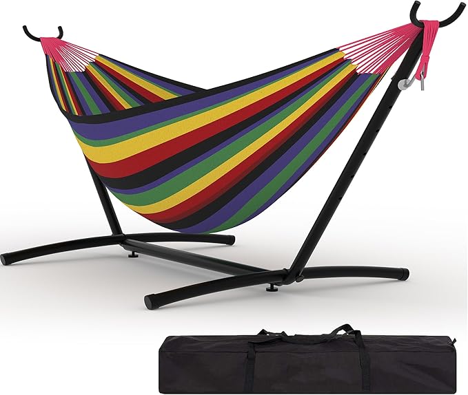 Double Hammocks with Stand for Outside Portable Space Saving Heavy-Duty Steel Stand for Indoor Outdoor Patio with Carrying Bag 450 lbs Capacity