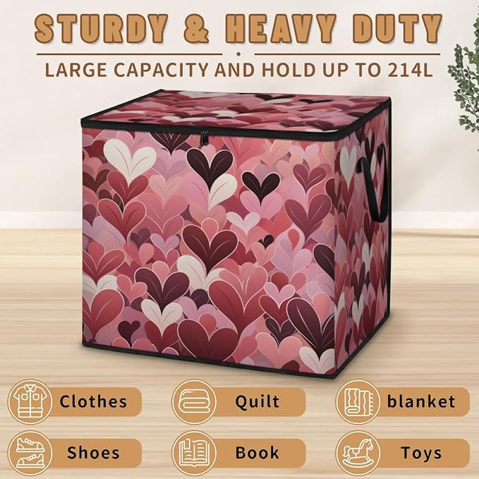 XL Large Clothes Storage with Lid Handle Heart Large Thick Clothes Blanket Storage Containers for Organizing Bedroom Closet Comforter Organization Storage Valentine's Day