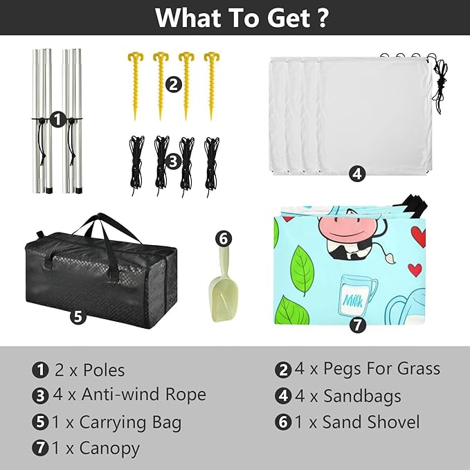 Beach Canopy with Windproof Ropes &amp Sandbags Beach Tent Sun Shade Sun Shelter for Camping Trips Fishing Backyard Fun or Picnics Cartoon Cows