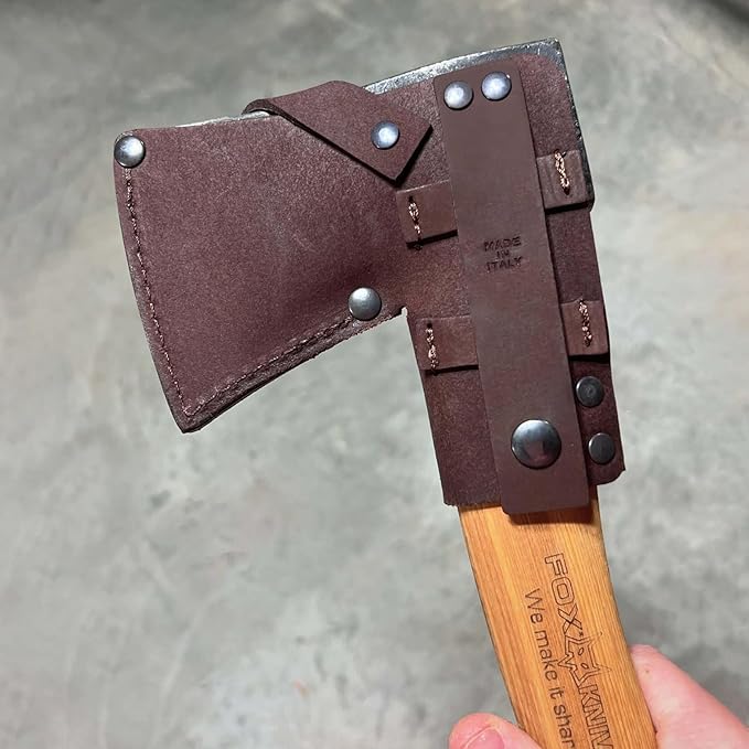 Fox Knives Yankee Axe FX-FA700 Carbon Steel Blade Hickory Wood Handle Leather Sheath Lightweight Outdoor Camping Axe Woodsman Ax Hatchet Bushcraft Survival