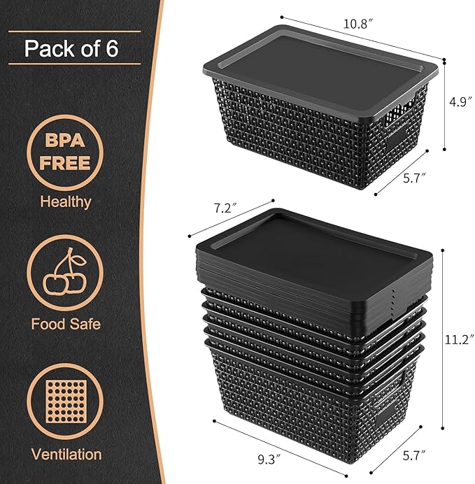 NUMIFUN Storage Bins with Lids Set of 6 Stackable Woven Design Black Plastic Containers with Easy Pull Handles Interlocking Rim Stackable Storage Boxes with Lids for Pantry Closet