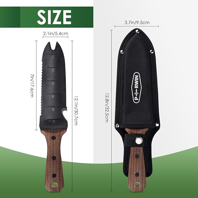 PERWIN Hori Hori Garden Knife Garden Tools with Sheath for Weeding Planting Digging 7 Stainless Steel Blade with Cutting Edge Full-Tang Walnut Wood Handle with Hanging Hole