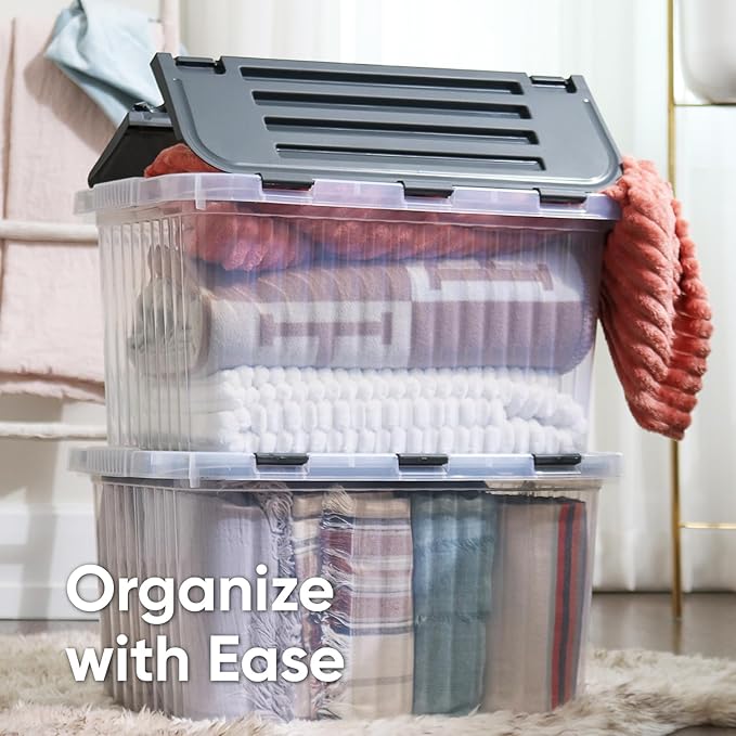 Superio Storage Bins with Lids- Clear Boxes for Organizing Stackable Plastic Containers- BPA Free Non-Toxic Odor Free Organizer for Home Office Dorm 53 Quart (6 Pack 20.25x14x14.6)