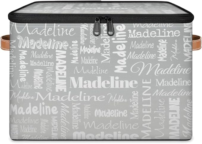 Custom Storage Basket with Name Personalized Keepsake Box with Zipper Lid Foldable Fabric Memory Bin Large capacity with Handle Grey
