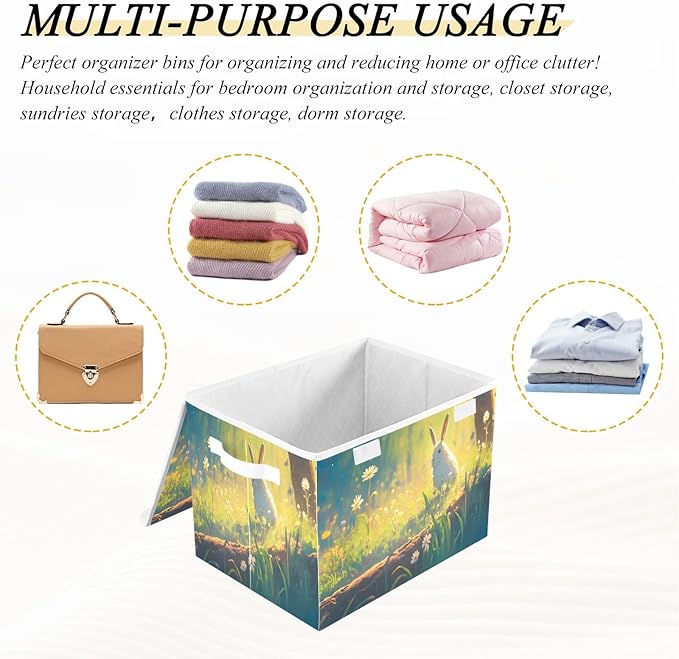 senya Large Storage Bins with Linen Easter Rabbit Collapsible Foldable Storage Cubes Fabric Closet Organizer Containers Box with Flip-Top Lid for Home Bedroom Office 16.7 x 12.6 x 11.8in