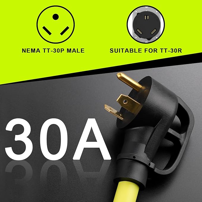 30 Amp to 110 Adapter RV Cord 30 Amp to 20 Amp Adapter NEMA TT-30P Male to 3X 5-15R/5-20R T-Blade Household Outlet Female with Lighted Power Indicator 1.5 FT