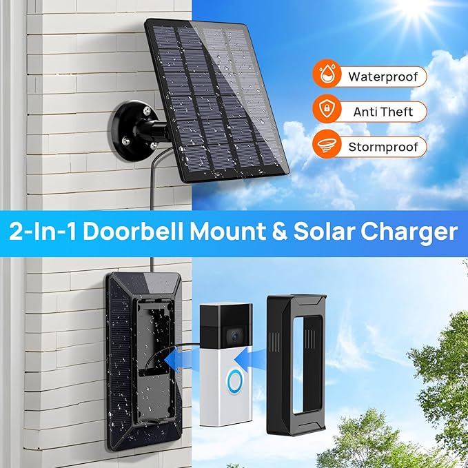 Solar Charger for Ring Doorbell 2-in-1 with Mount Stand Compatible with Ring Battery Doorbell 3/4/3 Plus Ring Battery Doorbell Pro/Plus (2020/2021/2023)