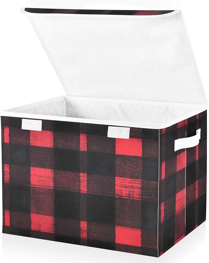 Storage Cube with Lid Black and Red Plaid Print 16.5×12.6×11.8 IN Collapsible Large Capacity Foldable Storage Basket Bin Organizer